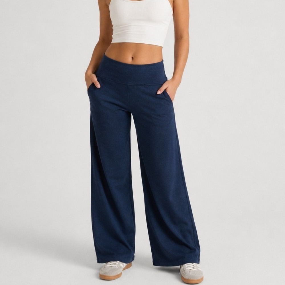 Beyond Yoga Laid Back Spacedye Wide Leg Pant Navy Blue Heather Medium Pockets
